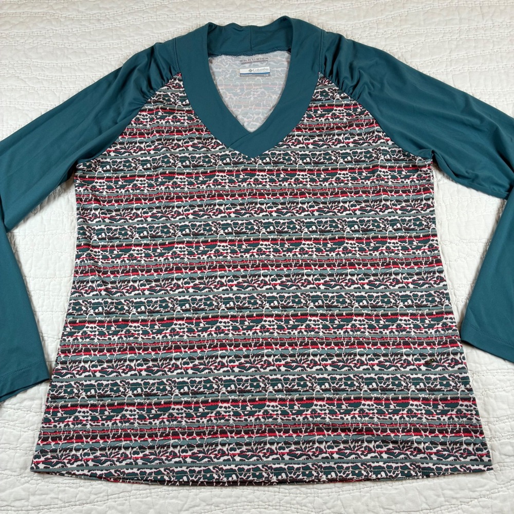 Columbia Omni-Wick Top Womens L Teal Multi Abstract Stripe V-Neck Performance